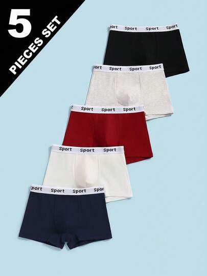 Tween Boys Cotton Underwear 5-Pack Set - Multi-Color Sport Style Cotton Underwear 5-Pack Combo Sport Letter Waistband Design Black Gray Red White Blue Multi-Color Elastic Waistband Sport Style Underwear Cotton 5-Pack Set Social Media Style Sport 2026 New Year Holiday Essential Four Season Tween Boys Sport Style Cotton Underwear 5-Pack