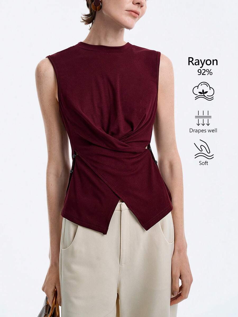 SHEIN Stylify 女士圆领无袖背心，法式复古简约交叉腰带针织上衣，适合秋冬春季叠穿，夏季单穿，休闲通勤及休闲穿着。