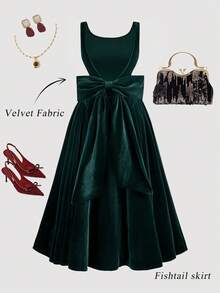 SHEIN MOD Váy midi chữ A thắt nơ hở lưng màu đỏ cổ điển cỡ lớn, váy cưới, váy hẹn hò, váy ngày lễ tình nhân - Màu xanh lá cây đậm - Xem 1