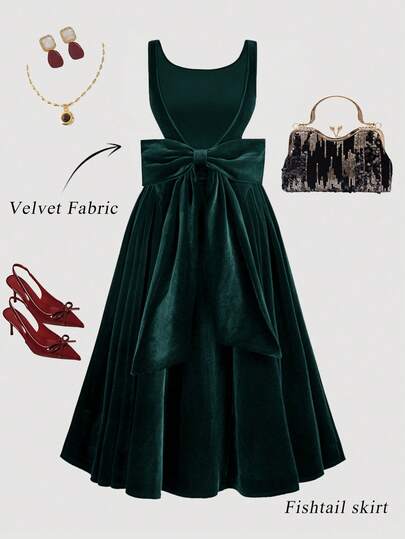 SHEIN MOD Plus Size Vintage Red Open Back Bow Tie A-Line Midi Dress, Wedding Dress, Date Dress, Valentine's Day Dress