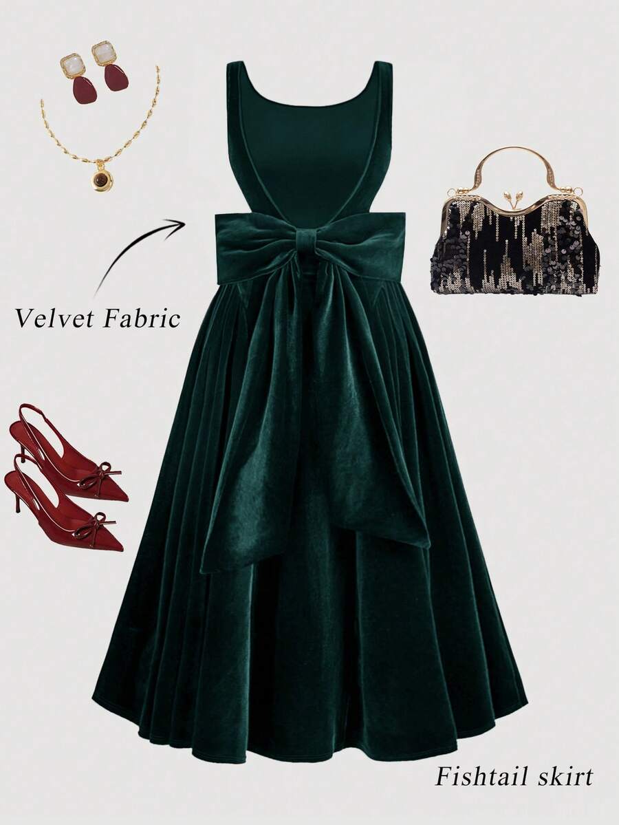 SHEIN MOD Váy midi chữ A thắt nơ hở lưng màu đỏ cổ điển cỡ lớn, váy cưới, váy hẹn hò, váy ngày lễ tình nhân - Màu xanh lá cây đậm - Xem 1