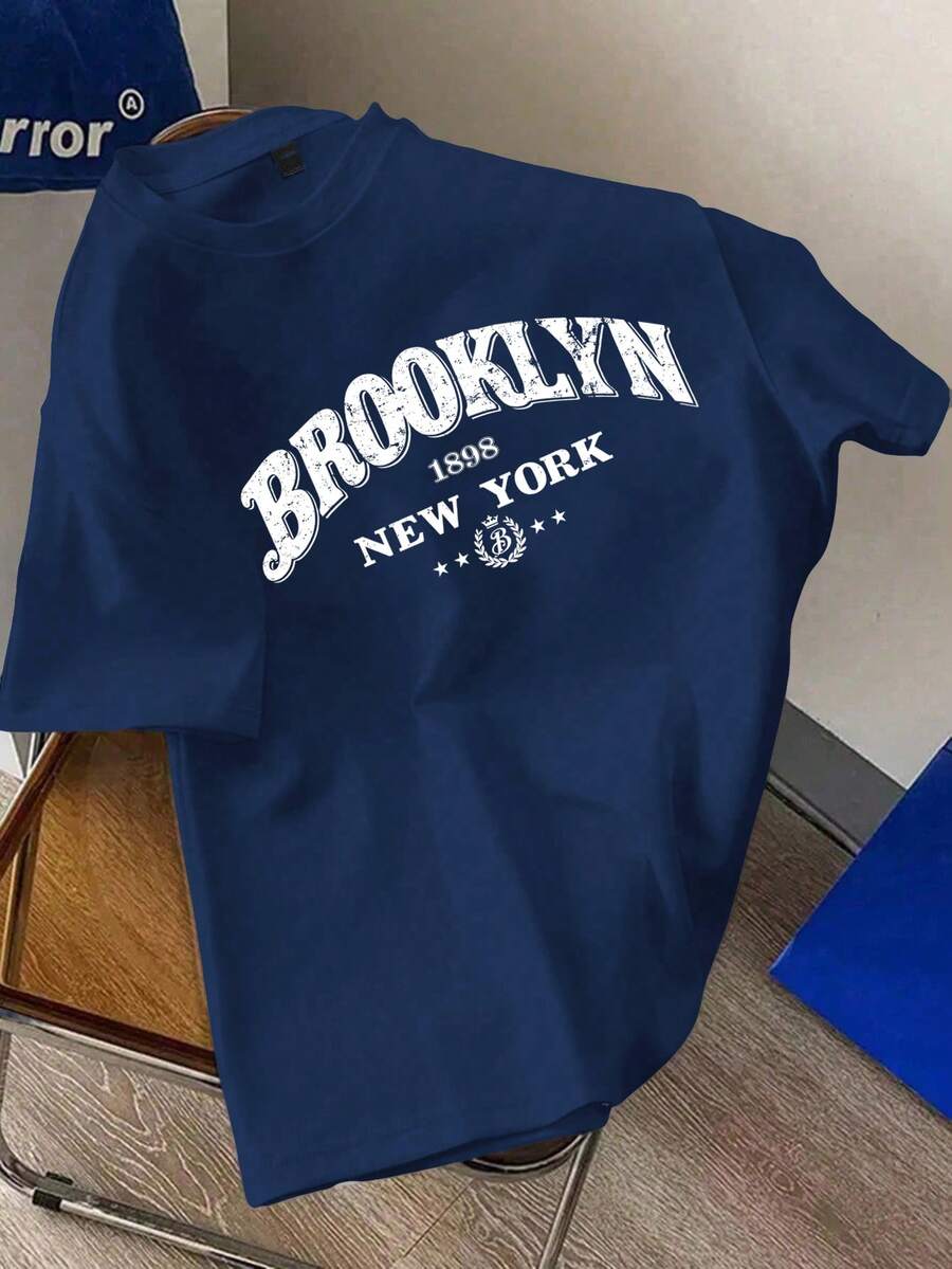 Manfinity Joysei 男士藏蓝色休闲字母图案圆领短袖T恤，夏季款 - 藏蓝色 - 查看 1