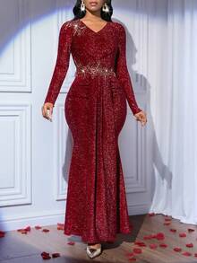 SHEIN Lady 酒红色V领亮片拼接扭结前襟修身优雅长袖连衣裙 - 酒紅色 - 查看 5