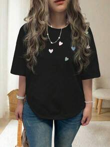 INAWLY Women's Casual Heart Embroidery Short Sleeve T-Shirt, Summer - Black - View 3