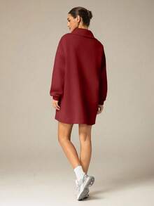 Hanevo Autumn/Winter New Casual Street Minimalist Commute Lazy Back To School High Collar Zipper Half-Open Hem Pullover Long Sleeve H-Shaped Loose Sweatshirt & Women Shorts Dress Set - Burgundy - View 2