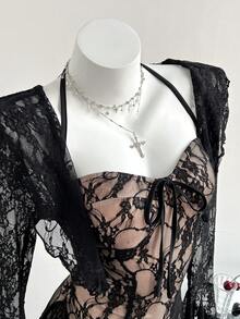 Elamini 2pcs/Set Elegant Lace Black Long Sleeve Top With Ruffle Trim & Contrast Lace Inset Slip Dress, Casual Daily Versatile Fashion Outfit, Autumn/Winter - Multicolor - View 5