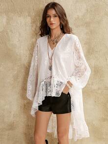 Florisole 女士时尚波西米亚风宽松前短后长蕾丝荷叶边下摆浪漫T恤，春秋季 - 白色 - 查看 7