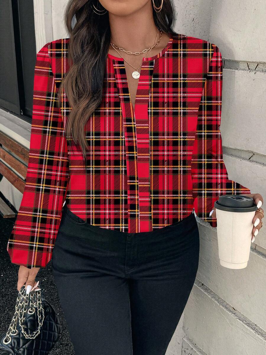 EMERY ROSE Plus Size Women Elegant Romantic New Year Plaid & Festive Pattern Casual Long Sleeve Blouse, Suitable For Autumn/Winter, New Year Style - Multicolor - View 1