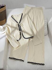 SHEIN Tween Girl Ivory French Puff Sleeve Ruffle Bow Blouse And Elastic Waist Pants Set, Long Sleeve Long Pants Set, Casual Vacation Outfit