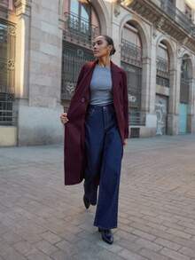 Maija Manteau long bordeaux pour femmes, coupe ample, chaud et doux, style business décontracté pour le bureau, élégant discret, veste urbaine moderne pour le trajet quotidien et le streetwear d'automne/hiver - Rouge foncé - Voir 3