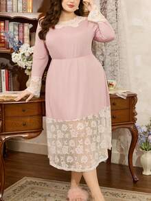 Côtesoire Váy ngủ Maxi dài tay chữ A, eo ren thanh lịch kiểu Pháp, dáng rộng, quyến rũ, phù hợp cho mùa thu, cỡ lớn - Bụi hồng - Xem 4