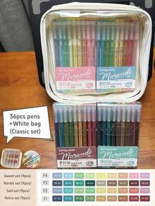 36pcs Classic Bag Set Morandi Color Pens Set Transparent Barrel Multi Colors Gel Ink 0.5mm Ballpoint Liner Marker For Drawing Highlighting - Pink - View 12