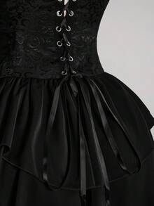 SHEIN ICON 大码女式黑色褶皱提花腰带拼接荷叶边单肩层叠荷叶边下摆A字雪纺迷你连衣裙，适合派对和休闲场合 - 黑色 - 查看 12