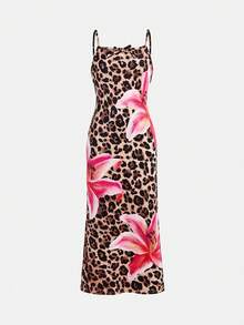 SHEIN Tween Girl Knit Leopard & Ditsy Floral Cami Dress - White - View 3