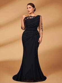 Serin Plus Size Elegant Luxurious Embroidered Lace Sheer Long Sleeve Elastic Knit Mesh Ruched Ruffle Mermaid Dress, Suitable For Weddings, Parties, Vacations, Galas, Mother Of The Bride Gown