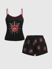 ROMWE Goth Conjunto de pijama informal de camiseta y pantalones cortos con estampado de ojo, corazón, estrella y gema y ribete de contraste en estilo gótico - Negro - Ver 1