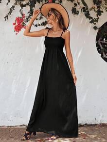 EURMUSE Solid Knot Shoulder Cami Dress - Black - View 5