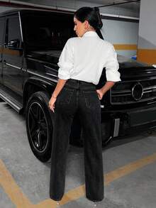 SHEIN 100%Cotton Women's Casual High Waist Straight-Leg Jeans - Black - View 2