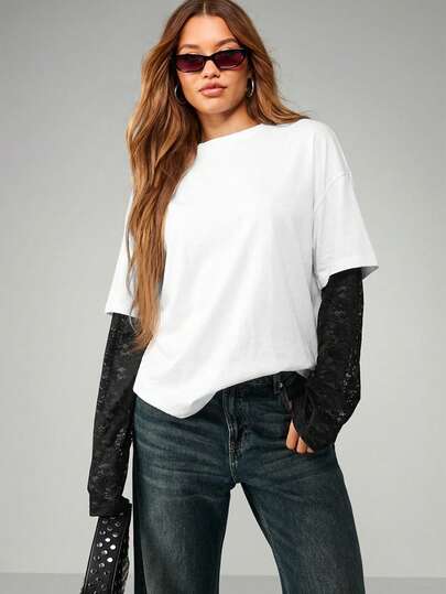 MISSGUIDED Oversized Lace Sleeve Tee Long Sleeve Layered Top Casual Contrast Detail Relaxed Fit Round Neck Pullover Fall Winter Layering Shirt