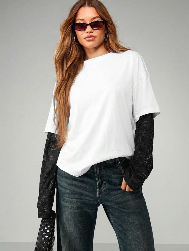 MISSGUIDED Tee-shirt à manches en dentelle surdimensionnées, top superposé à manches longues, décontracté avec détails contrastés, coupe ample, col rond, pull superposable pour l'automne et l'hiver