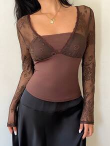 SHEIN Unity Áo thun cổ chữ V màu nâu họa tiết chắp vá ren dành cho nữ, eo thon gọn, phong cách tối giản, áo dài tay mỏng cho mùa thu - màu nâu - Xem 8