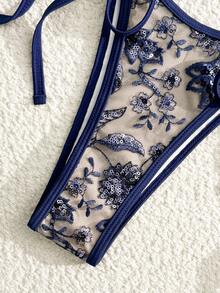 Bonvoyette Bộ bikini hai mảnh màu sâm panh trơn cao cấp thêu sequin lấp lánh, kiểu dáng thời thượng, thích hợp cho các buổi tiệc trà chiều, nâng đỡ tốt, kiểu dáng cắt cao, buộc dây bên hông, dành cho nữ, màu xanh navy, bộ bikini phong cách boho, bikini đính hạt, gợi cảm. - Màu xanh hải quân - Xem 6