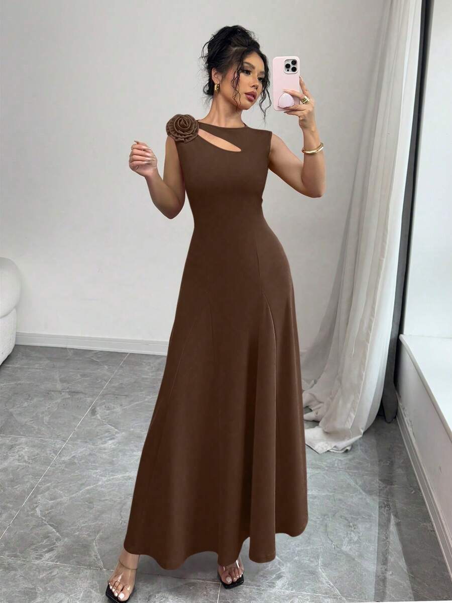 Selianne 情人节无袖花卉雕塑修身连衣裙 - 咖啡棕 - 查看 1