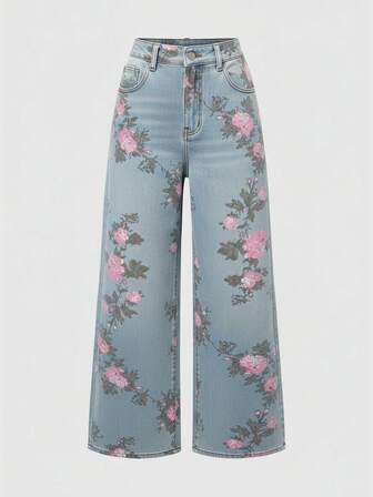 Fairycore Jeans de pierna ancha y suelta con estampado floral vintage para mujeres
