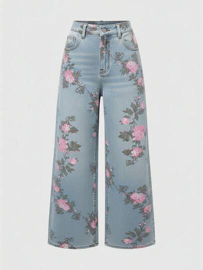 Fairycore Jeans ampi a vita alta con stampa floreale vintage lavati per donna