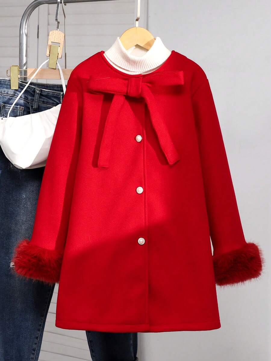 Elegant & Simple Wool Coat For Tween Girls, With Fur Cuffs, Pearl Decorated Buttons, Bow Decor On Chest, Suitable For School, Commuting, Outing, Matching With Long Sleeve Sweater, Pants, Skirt - Red - View 1