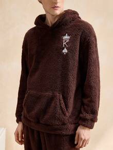 Men's Drop Shoulder Long Sleeve Hooded Warm Pockets Winter Pajama Set - Multicolor - View 4