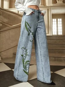 Selenza Women's Casual Everyday/Workwear/Vacation Loose Wide-Leg Jeans With Wind Chime Flower Embroidery - Blue - View 1