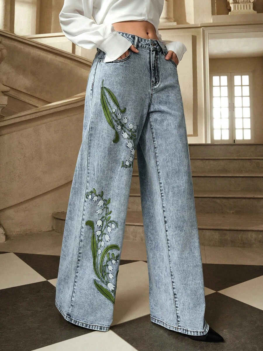 Selenza Women's Casual Everyday/Workwear/Vacation Loose Wide-Leg Jeans With Wind Chime Flower Embroidery - Blue - View 1