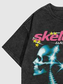 ROMWE MEN Street Life Men's Vintage Washed Corpse Bride Graphic Short Sleeve T-Shirt - Black - View 4