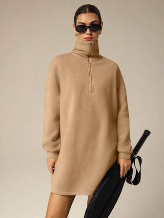 Hanevo Conjunto de sudadera holgada de manga larga con cuello alto, cremallera y bajo semiabierto, y vestido corto de mujer, estilo minimalista y casual para el regreso a la escuela, en otoño/invierno