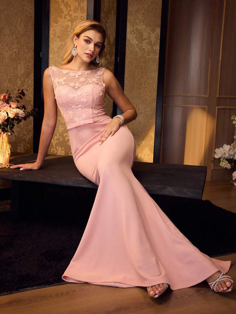 MOTF Soiréza WOMEN'S ELEGANT FLORAL APPLIQUE LACE SLEEVELESS ROUND NECK FLOOR-LENGTH PARTY GOWN – FORM-FITTING MERMAID HEM DRESS WITH WAIST BOW, IDEAL FOR WEDDINGS, GALAS & SPRING EVENINGS | STYLE WITH STRAPPY HEELS & DELICATE JEWELRY