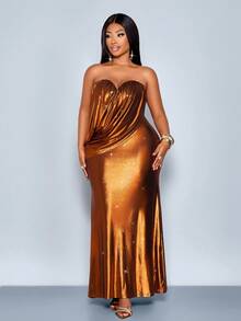 SOLERSUN Plus Size Women's Elegant Glamorous Bandeau Draped Sparkly Bodycon Mermaid Maxi Dress, Club Outfits Women Sexy, Suitable For Christmas Party Vacation & Dating,Elegant Dress For Women,Christmas,Formal Dress,Party Dress,Sexy Dress,Wedding Guest Dress - Orange - View 4