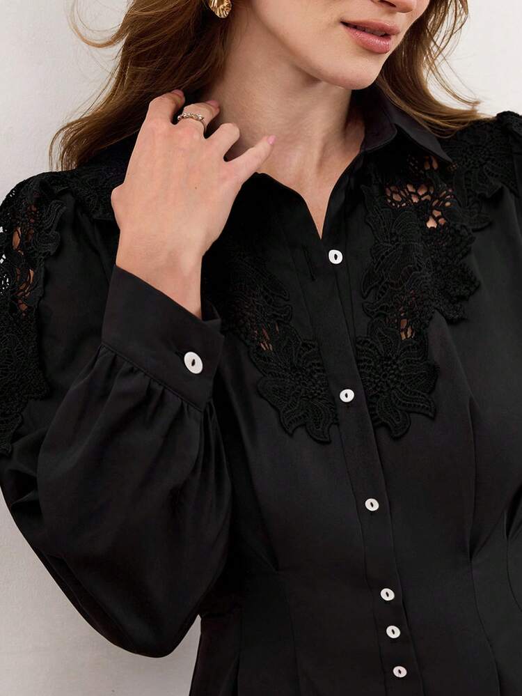 This Elegant Women's Dress Features A Black Base With Delicate, Vintage-Inspired Black Lace Detailing At The Neckline And Shoulders, Adding A Touch Of Modern Sophistication. The Shirt Collar And Tailored Waist Create A Clean And Polished Silhouette, While The Long Sleeves Are Perfect For Autumn And Winter. Whether Commuting To Work To Showcase Professional Taste Or Attending A Fashionable Gathering To Exude Elegance, This Dress, With Its Combination Of Lace And Classic Black, Will Make You A Head-Turner During The New Year Season.