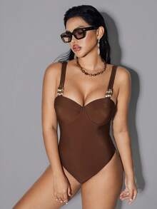 Shapewave 1pc Steel Bra Support Crossback Strap One-Piece Swimsuit, Deep Coffee Color, Beach & Resort Wear, Summer - Coffee Brown - View 6
