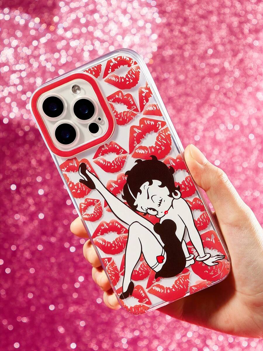 Betty Boop x SHEIN Red Lip Printed Transparent Mobile Phone Case, Printed Protective Case Design Fashionable Mobile Phone Case, Kiss,Heart,Gift Ideas,Party,Holiday,Valentine's Day - Multicolor - View 1
