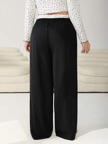 SHEIN EZwear Plus Size Women's Black & White Contrast Ruffle Hem Belted Wide Leg Loose Casual Pants - Black and White - View 2