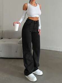 SHEIN Quần jean ống đứng ống đứng rộng rãi, giặt 100% cotton, cạp cao - màu đen - Xem 4