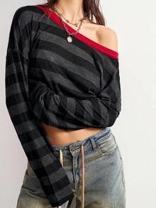 Bohemela Casual Knit Striped Asymmetric Shoulder Long Sleeve Loose T-Shirt For Women - Multicolor - View 6