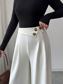 Elenzga Women's Solid Color Button Pleated Fashionable Versatile Commuter Casual Wide Leg Pants - Beige - View 2
