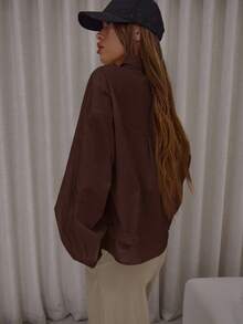 MUSERA Oversized Cotton Poplin Cinched Hem Balloon Sleeve Shirt Classy Cute Sexy Streetwear Fall Autumn Night Out Winter  Party ,Elegant - Brown - View 4