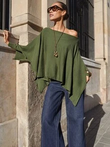 Maija 女士纯色蝙蝠袖宽松时尚毛衣不对称上衣单袖上衣橄榄绿上衣不对称衬衫单肩上衣秋冬 - 墨綠色 - 查看 6