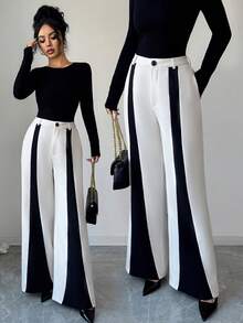 Elenzga Quần ống loe thời trang đi làm hàng ngày, thanh lịch cho mùa thu/đông mới dành cho nữ, thiết kế khối màu be và đen, thoải mái và ôm sát - Màu be - Xem 1