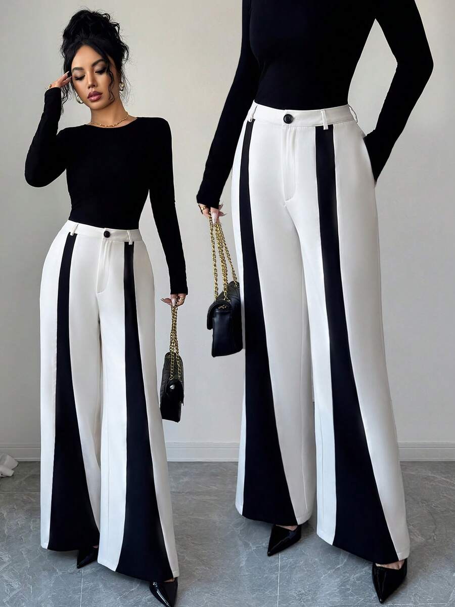 Elenzga Quần ống loe thời trang đi làm hàng ngày, thanh lịch cho mùa thu/đông mới dành cho nữ, thiết kế khối màu be và đen, thoải mái và ôm sát - Màu be - Xem 1