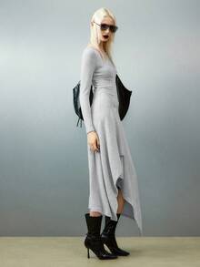 Airlisse Đầm dài tay thời trang cổ tròn ôm sát viền bất đối xứng màu trơn - Màu Xám nhạt - Xem 3