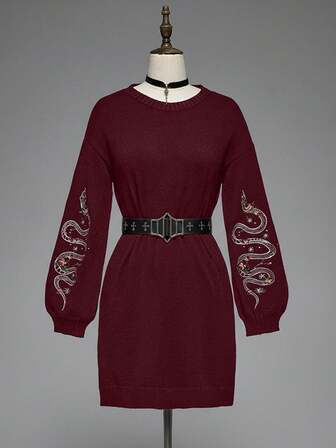 Gothic Snake Embroidery Pullover Sweater Dress For Women